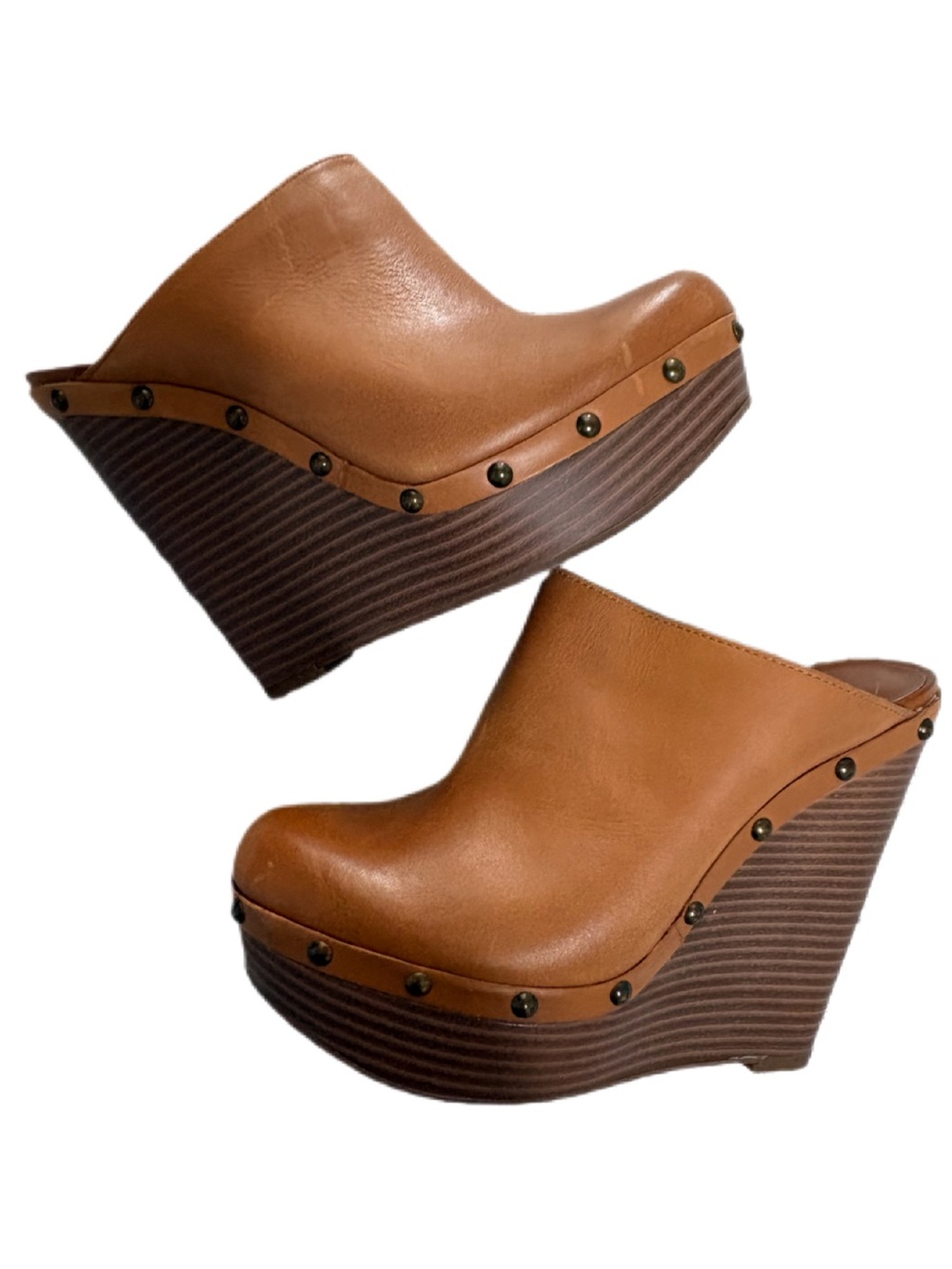 🤎💛JESSICA SIMPSON Brown Leather Wedge Clogs with Stud Trim🤎💛 - Picture 2 of 8